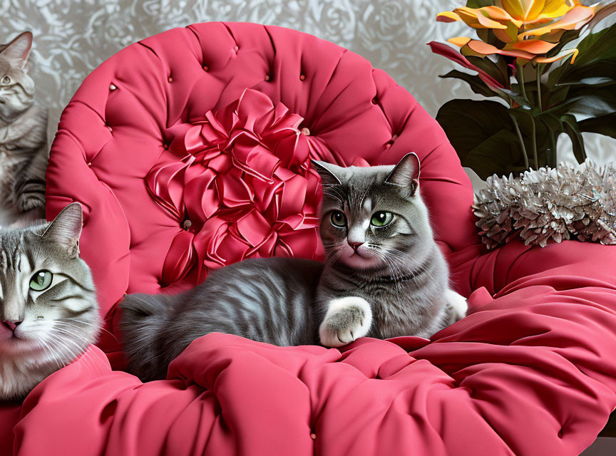 Two cats relaxing on a red chair amidst floral wallpaper.