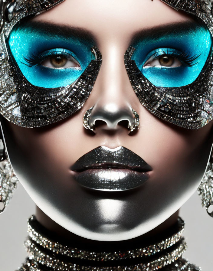 Striking blue eye makeup with silver adornments and nose jewelry