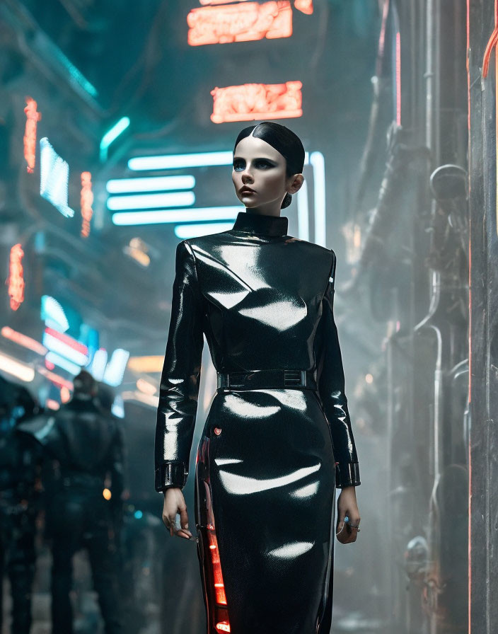 Futuristic woman in black outfit in neon-lit alley with blurred figure