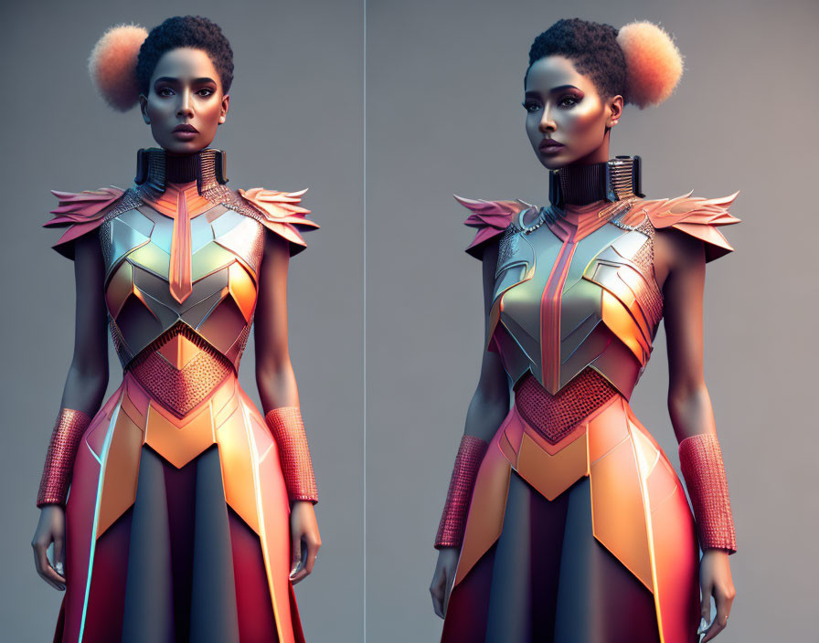 Futuristic woman in metallic red armor with geometric patterns