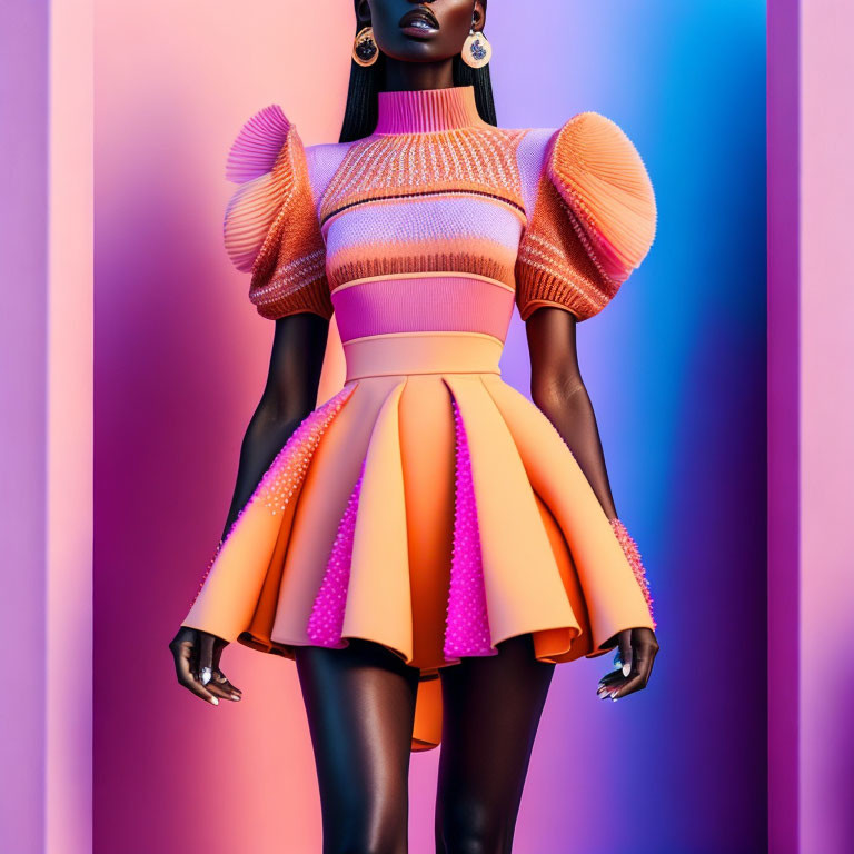 Vibrant orange and pink dress with structured shoulders on gradient purple background