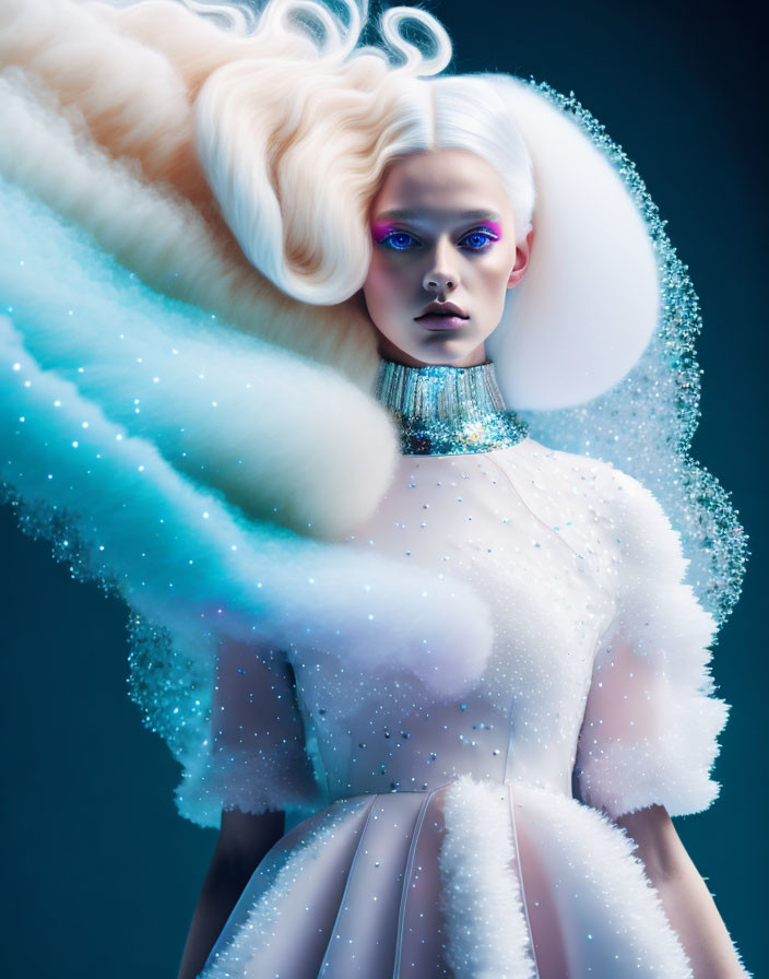 Avant-garde hairstyle and makeup on woman in white dress against blue backdrop