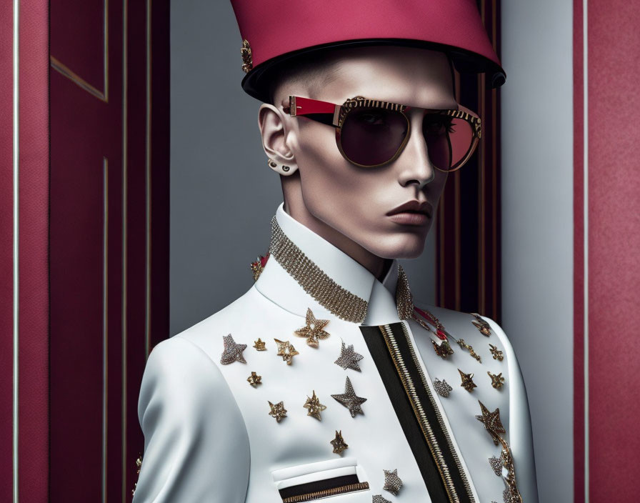 Pale-skinned model in red flat-topped hat and round sunglasses with white militaristic jacket featuring golden