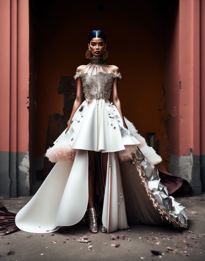 Avant-garde white gown model with feather accents and metallic accessories.