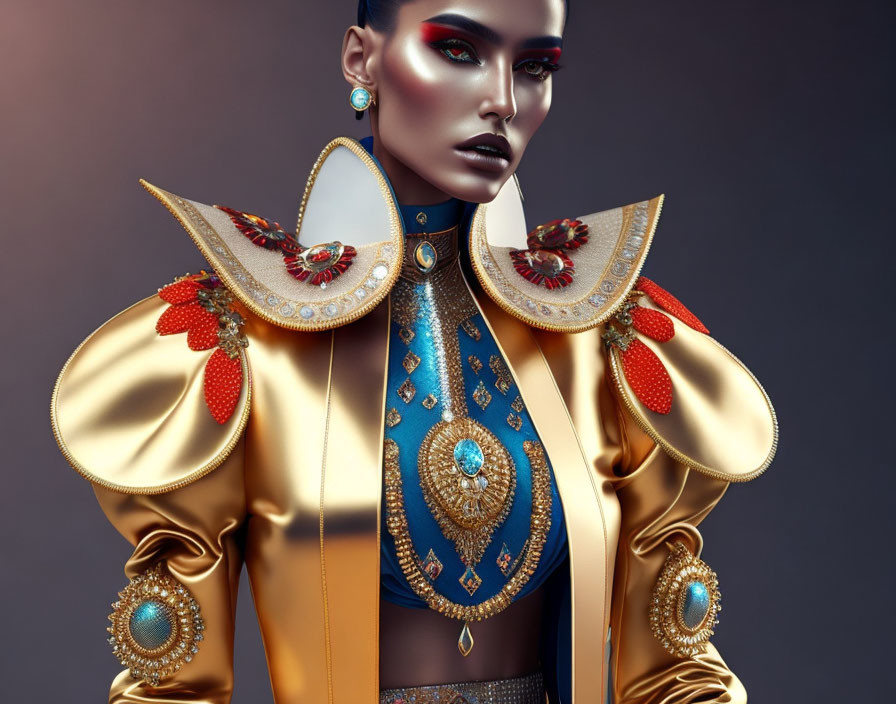 Stylized portrait of woman in ornate gold and blue costume