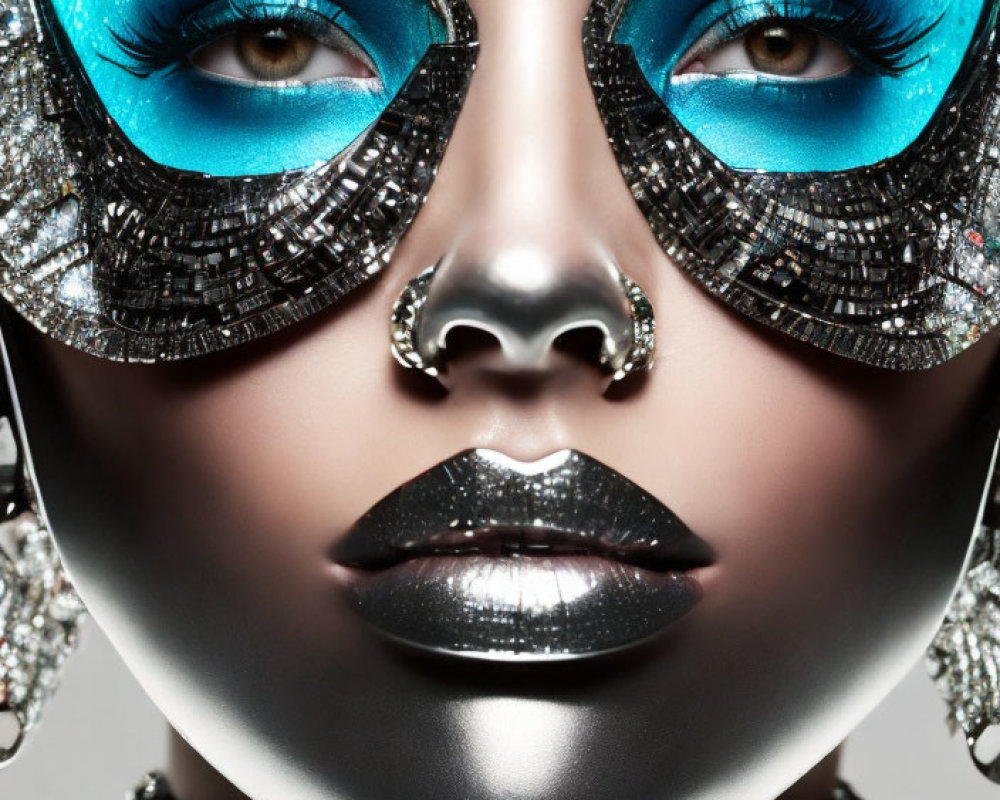 Striking blue eye makeup with silver adornments and nose jewelry