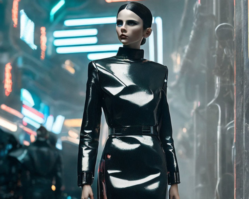 Futuristic woman in black outfit in neon-lit alley with blurred figure