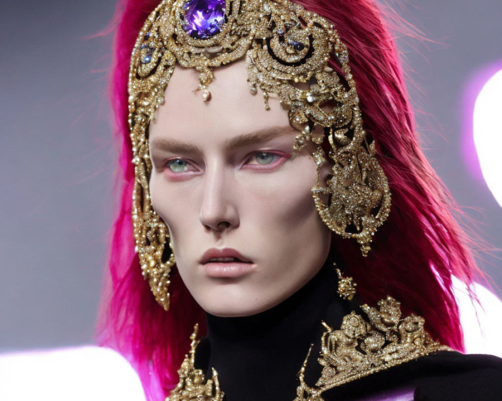 Vibrant red hair, golden headpiece, purple gem, intense gaze, black and gold attire