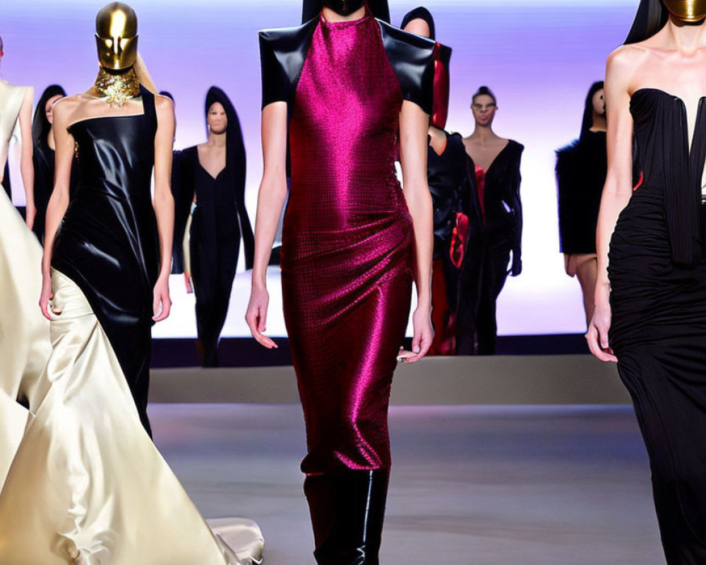 Fashion show: Futuristic runway models in bold masks and sleek metallic dresses