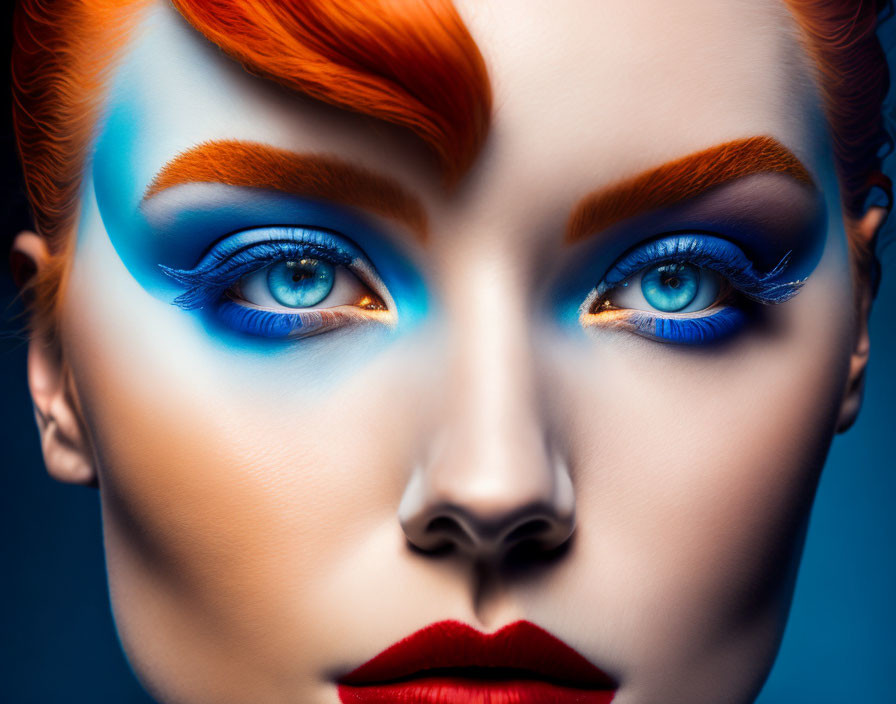 Vibrant blue eyeshadow, bold orange hair, and striking red lipstick on a person against