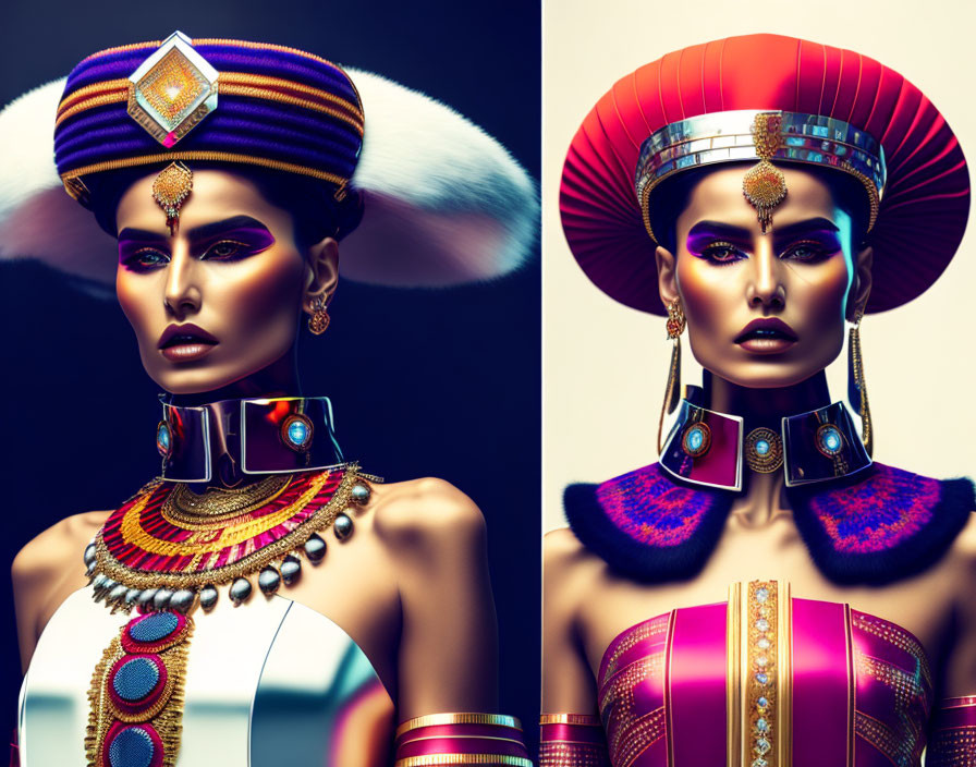 Avant-garde Egyptian-inspired makeup and headdress on model with colorful geometric jewelry