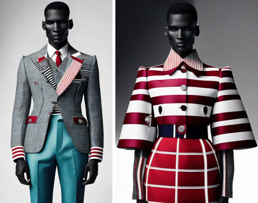 Avant-garde fashion mannequins in patterned and structured outfits