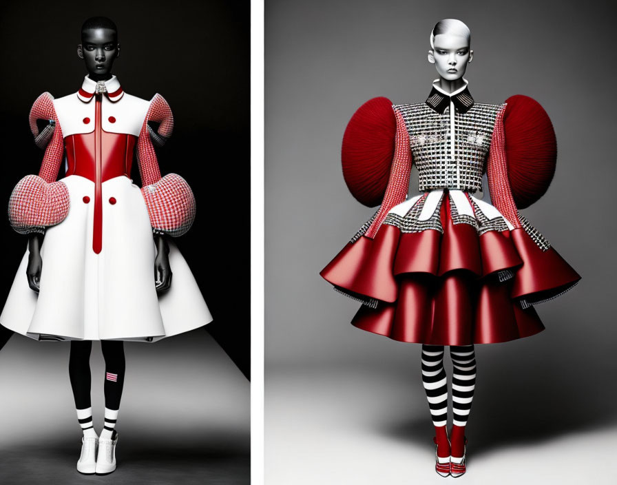 Avant-garde fashion: Models in exaggerated shoulder silhouettes, one in white with red details