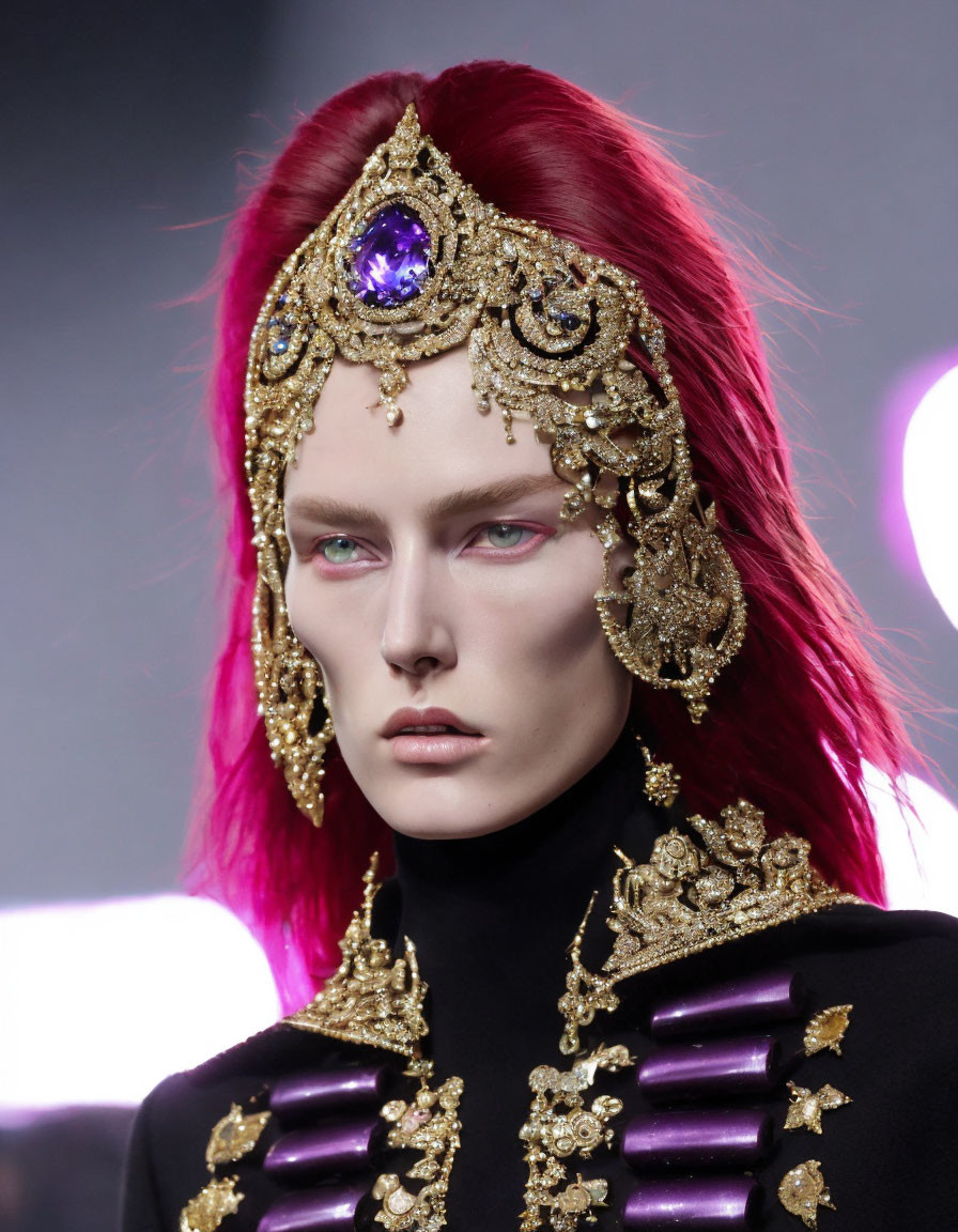 Vibrant red hair, golden headpiece, purple gem, intense gaze, black and gold attire