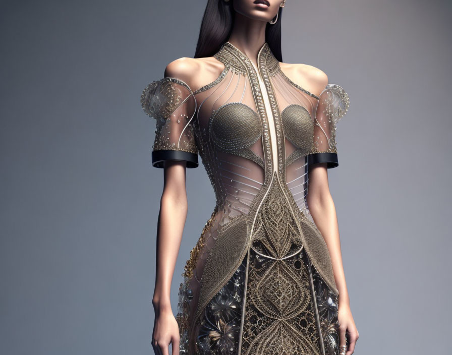 Futuristic digital artwork of female model in metallic gown