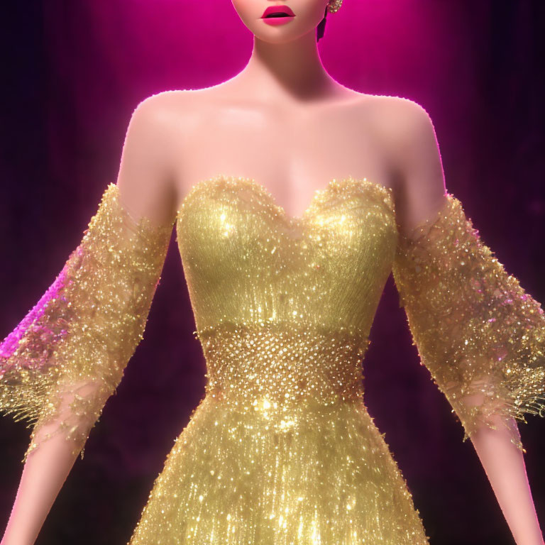 Golden sequined evening gown on mannequin with translucent sleeves against purple backdrop