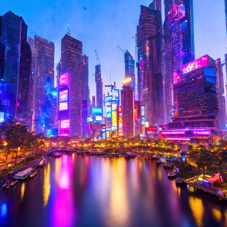 Neon-lit skyscrapers and boats in calm river at dusk