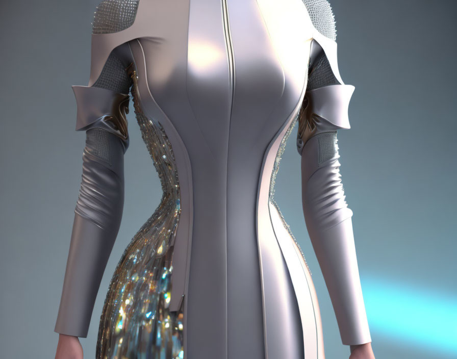 Silver Futuristic Dress with Luminous Sequins and Dramatic Shoulder Ruffles