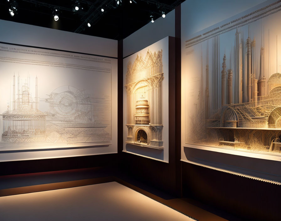 Architectural drawings of cathedrals in exhibition room