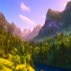 Serene sunrise landscape with lush greenery, river, cliffs