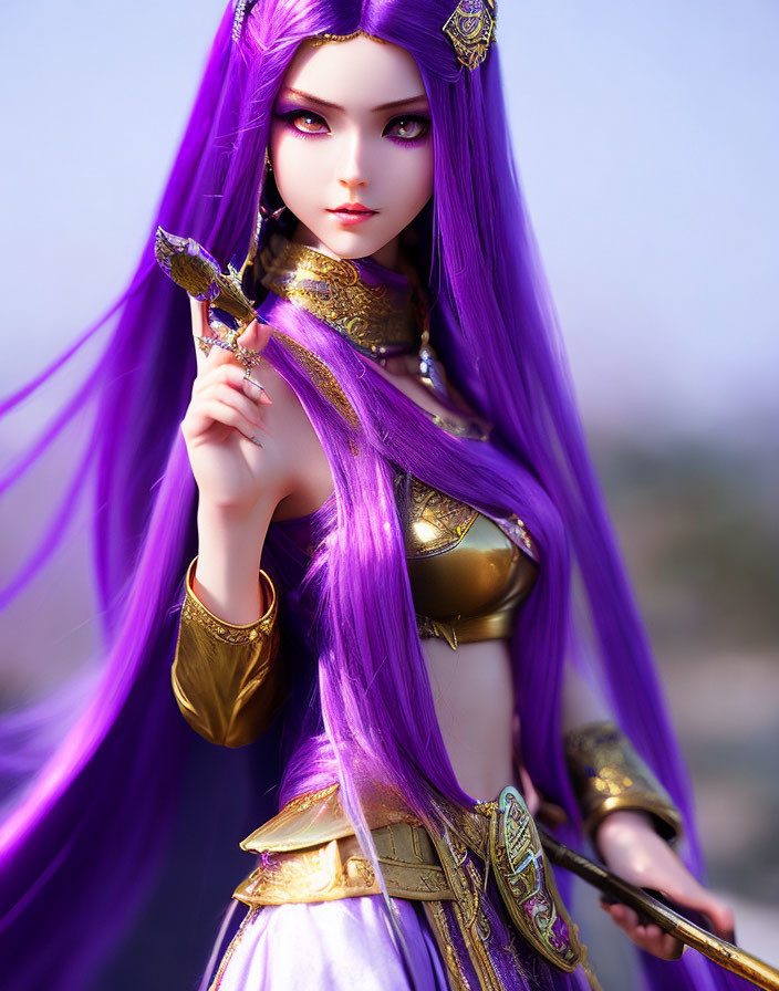 Purple-Haired Doll in Golden Armor with Sword - Fantasy Warrior Aesthetic