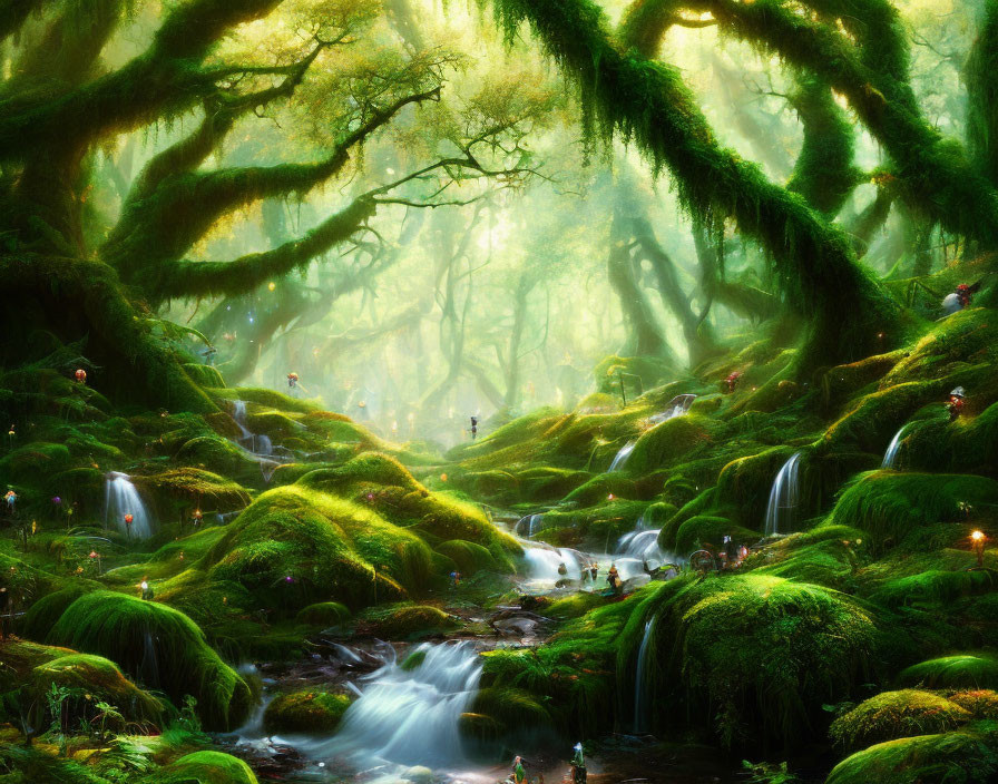 Lush forest with moss-covered trees and gentle stream in sunlight