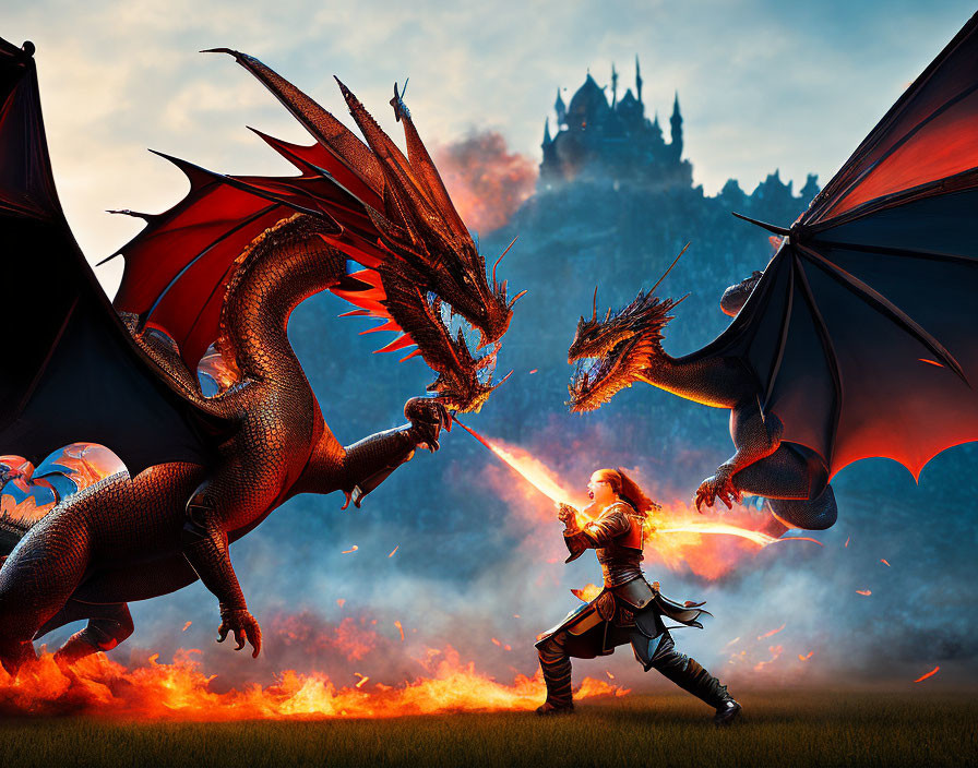 Warrior confronts two fire-breathing dragons near castle.