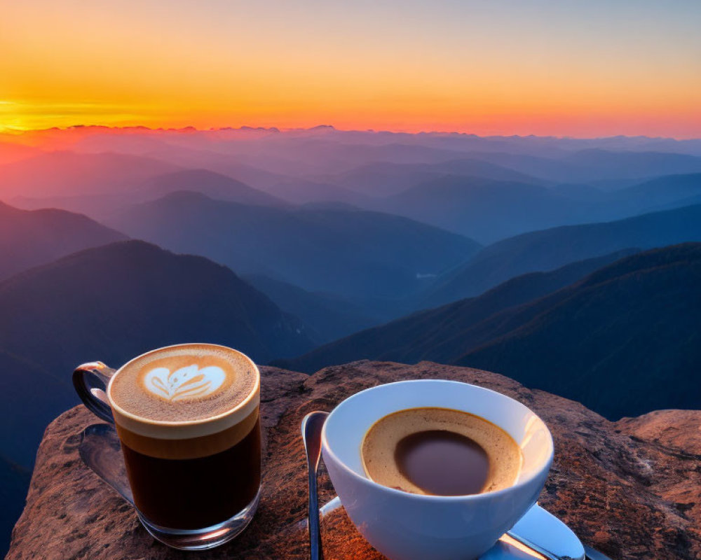 Scenic sunrise view with coffee cups on mountain ledge
