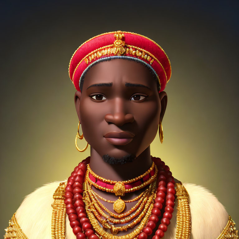 3D illustration of man in traditional attire with solemn expression