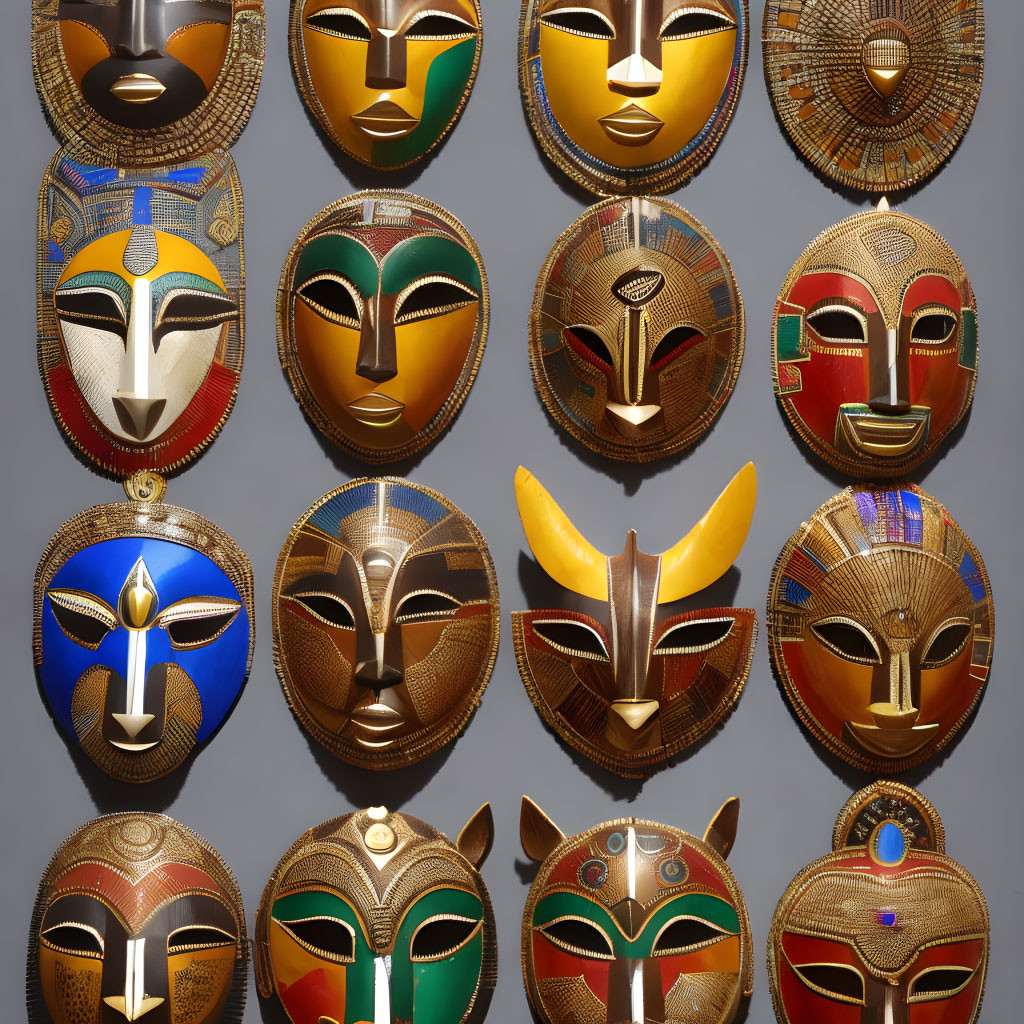 Symmetrical metallic masks with abstract features on gray wall