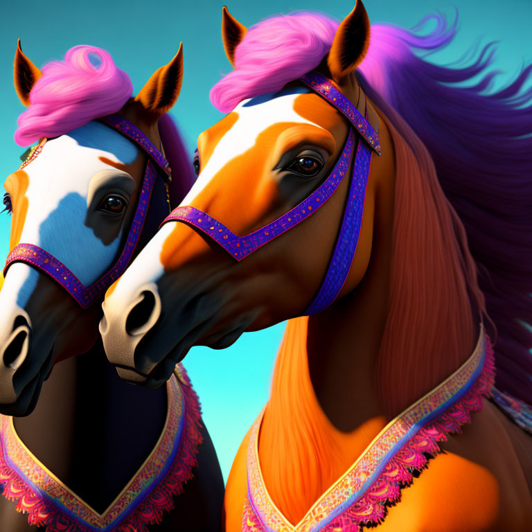 Stylized animated horses with pink manes on blue background