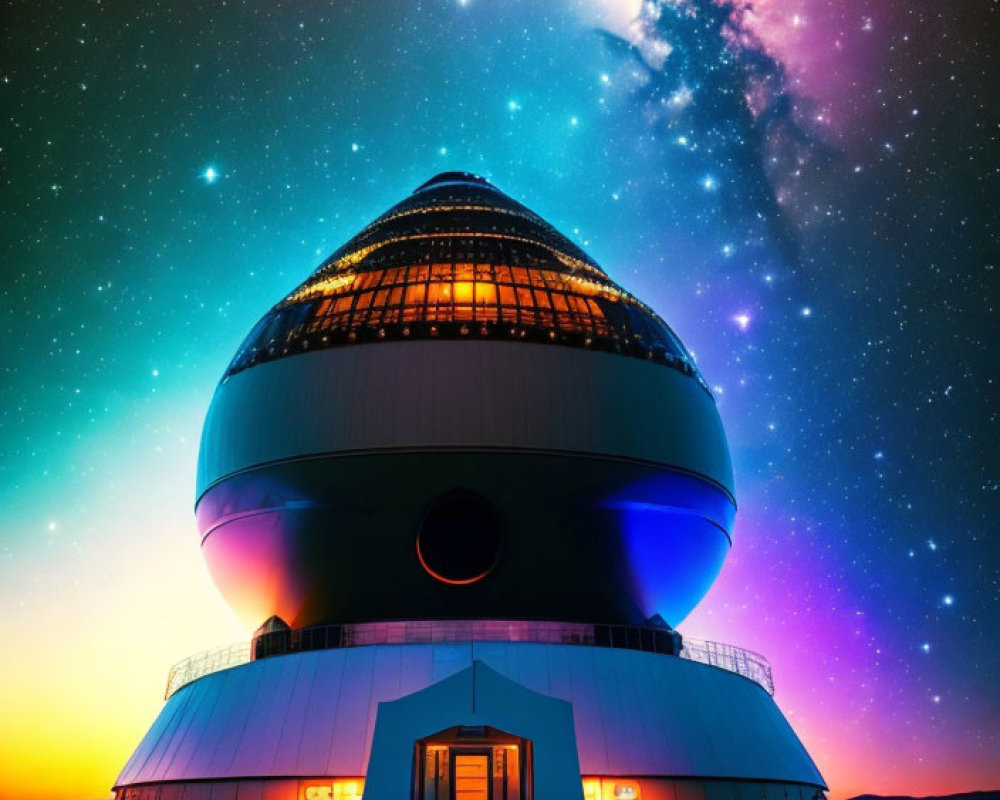 Futuristic observatory under vibrant starry sky with colorful nebula