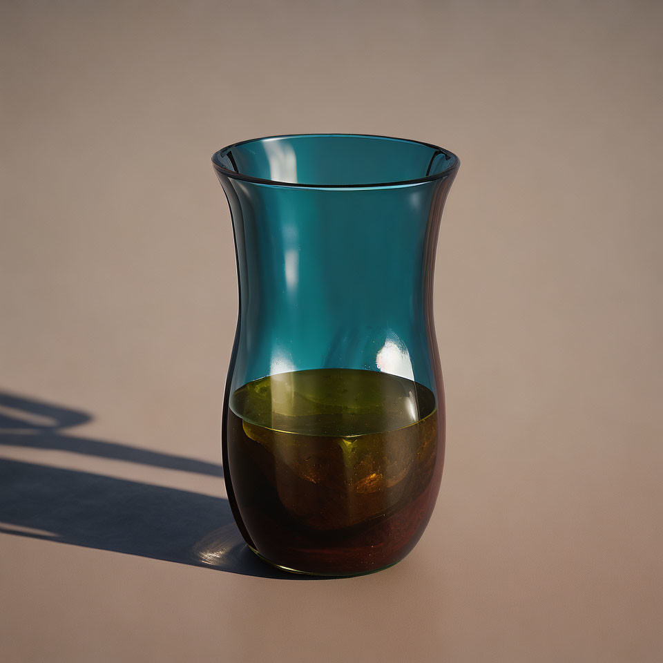 Teal Glass Carafe with Amber Liquid Casting Shadow