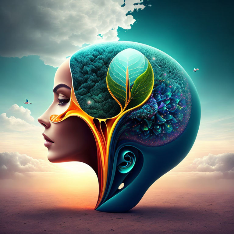 Surreal illustration of woman's profile revealing vibrant ecosystem