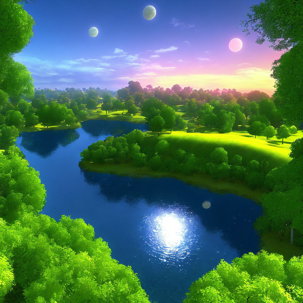 Fantasy landscape with sparkling river, lush greenery, multiple moons, and sunshine