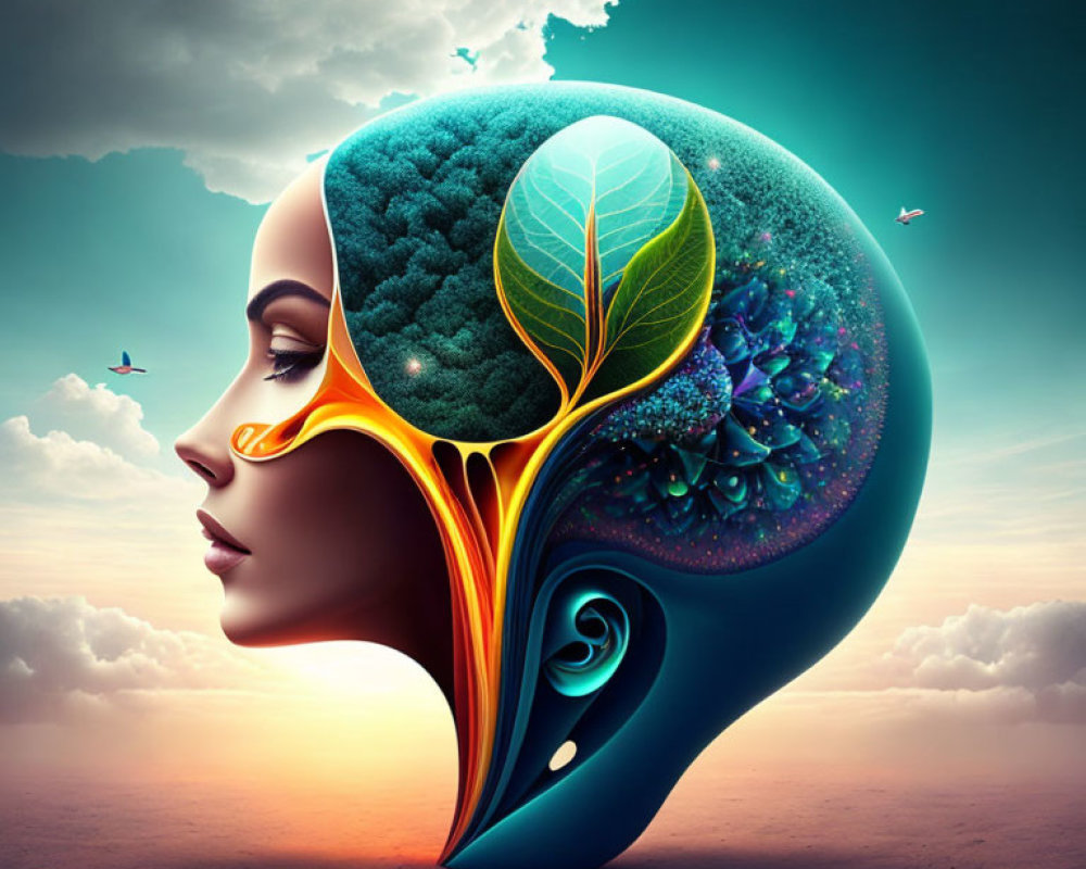 Surreal illustration of woman's profile revealing vibrant ecosystem