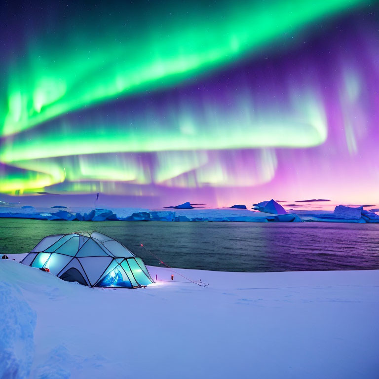 Vibrant aurora borealis illuminating dome tent in snowy landscape