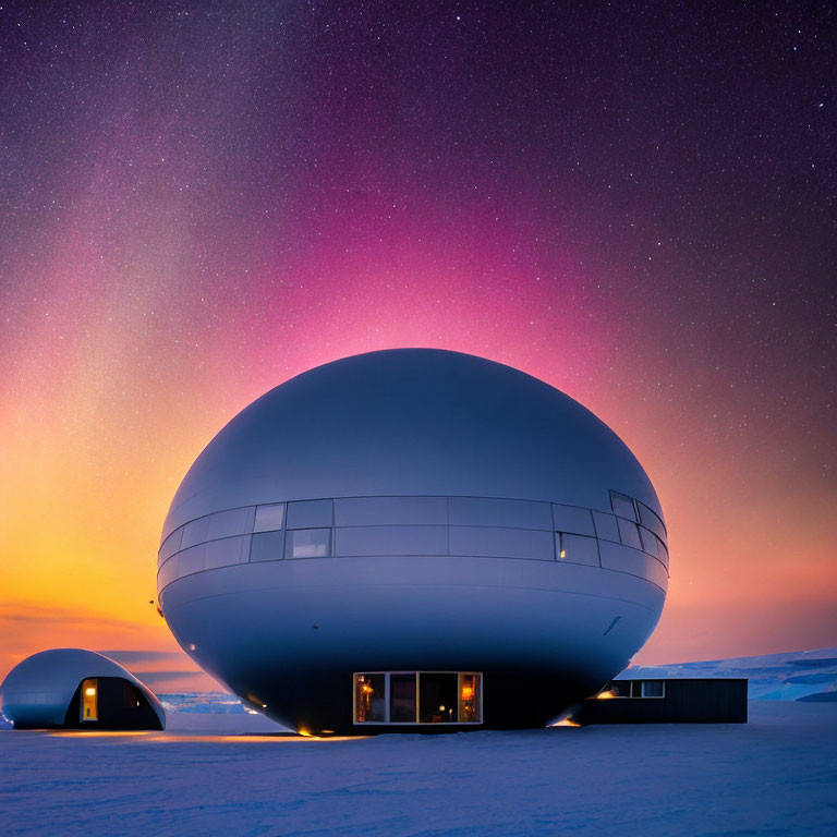 Futuristic spherical building under starry twilight sky in snowy landscape