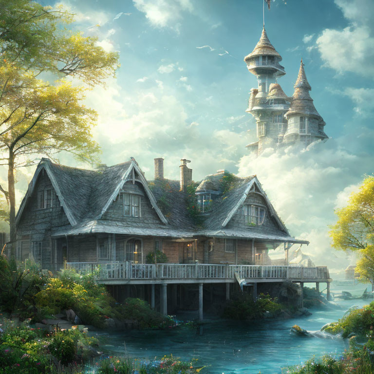 Fantasy landscape with rustic cottage, riverbank, and floating castle