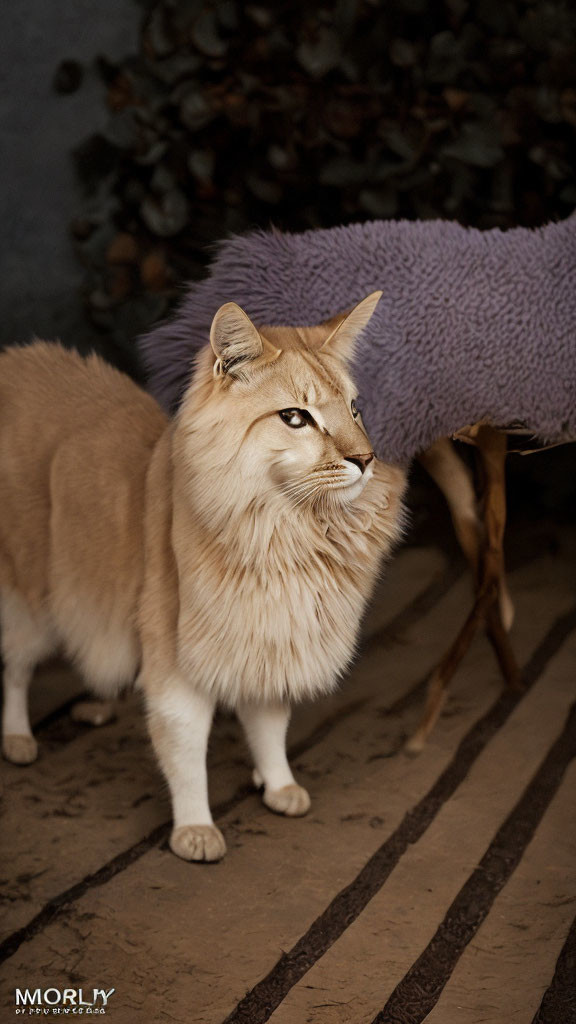 Lynx with ear tufts near purple furniture on striped floor