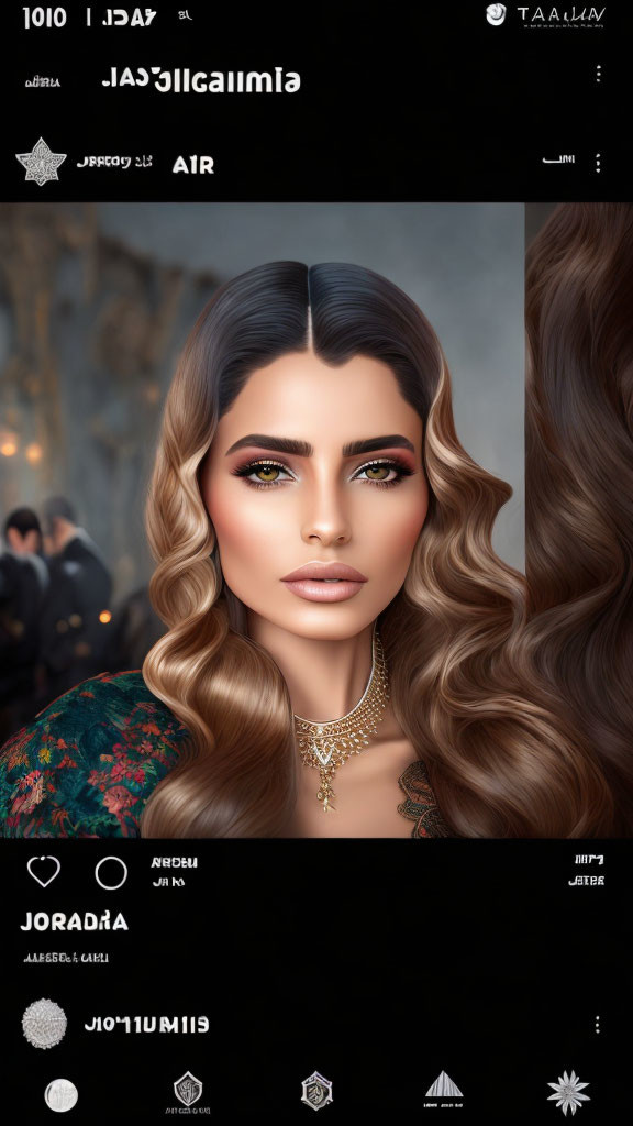 Woman with wavy hair and green eyes in digital art with makeup and necklace in public setting