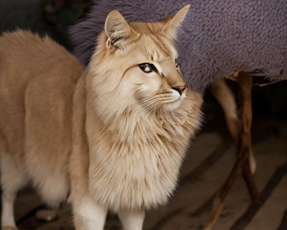 Lynx with ear tufts near purple furniture on striped floor