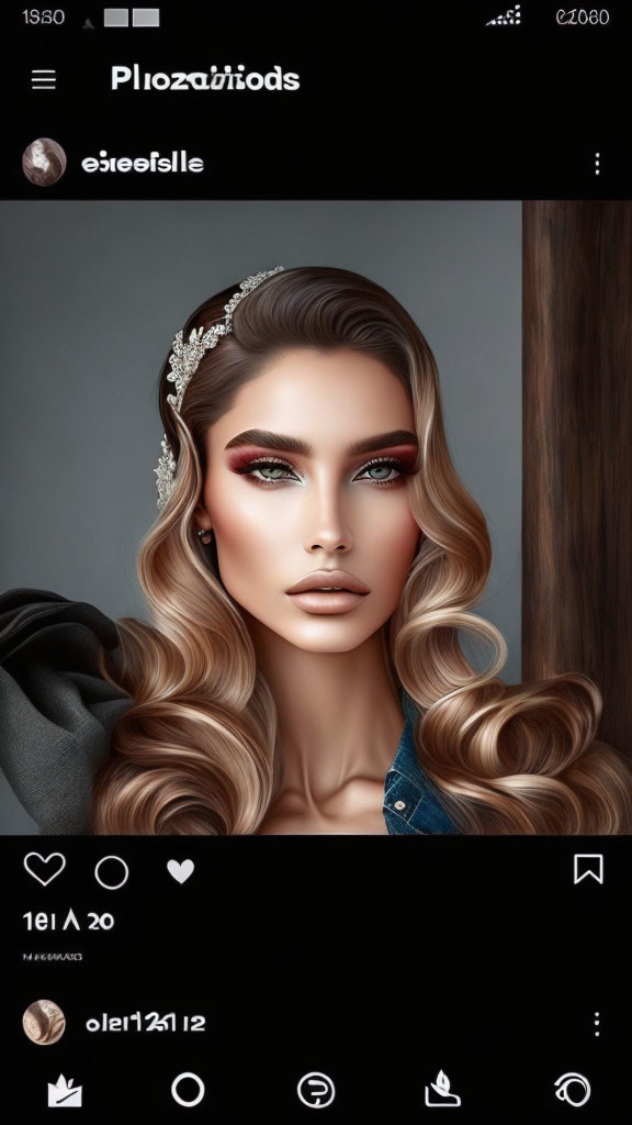 Stylized female illustration with flowing wavy hair and decorative hair accessory