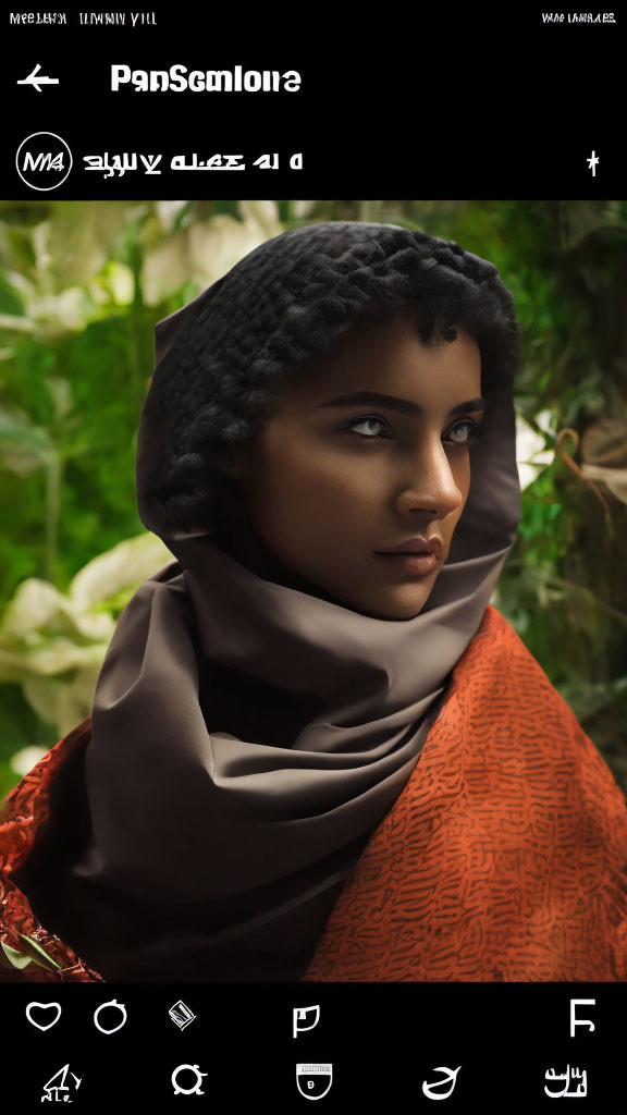 Portrait of Woman with Striking Blue Eyes and Headscarf Against Green Foliage