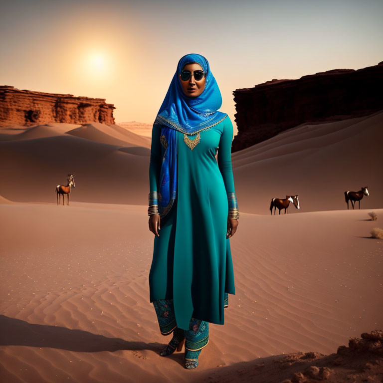 Traditional Blue Attire Woman in Desert at Sunset