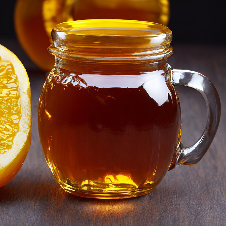 Glass jar with honey and handle next to cut orange on wooden surface