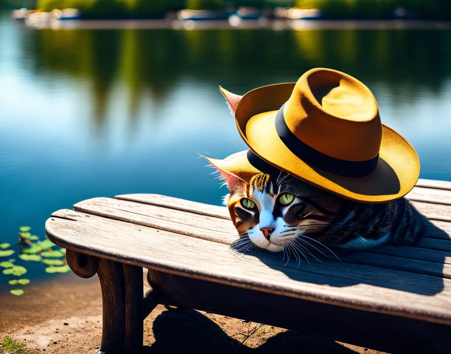 Tabby Cat in Yellow Hat Relaxing on Lakeshore Bench