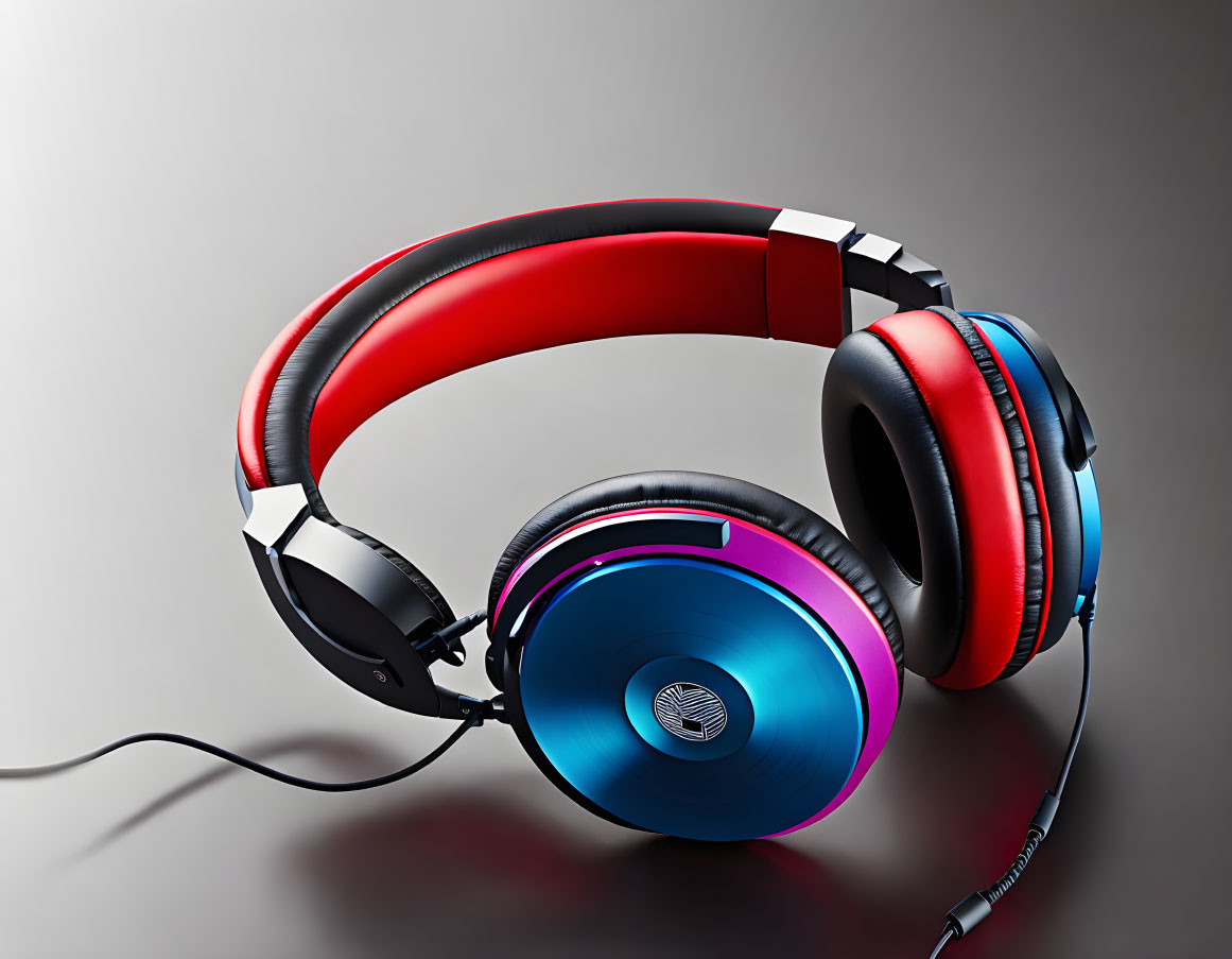 Red and Black Over-Ear Headphones with Blue Accents on Reflective Surface