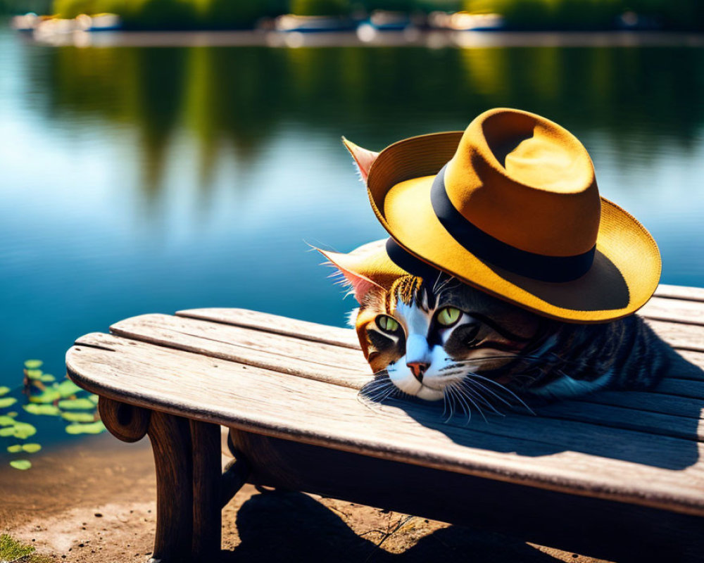 Tabby Cat in Yellow Hat Relaxing on Lakeshore Bench