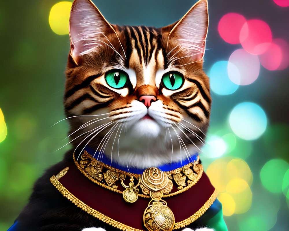 Regal Cat in Blue and Gold Uniform with Green Eyes